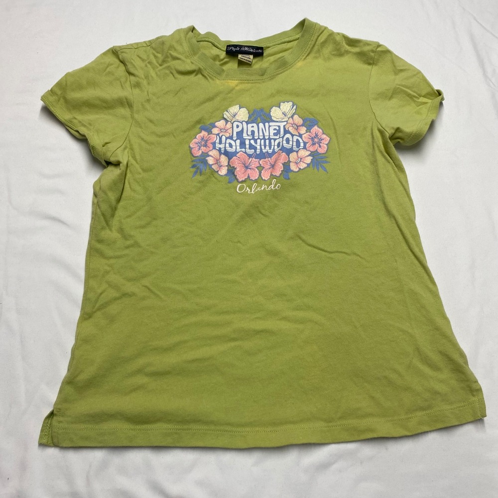 Planet Hollywood Orlando Lime Green Floral Graphic T-Shirt Womens Medium Glitter